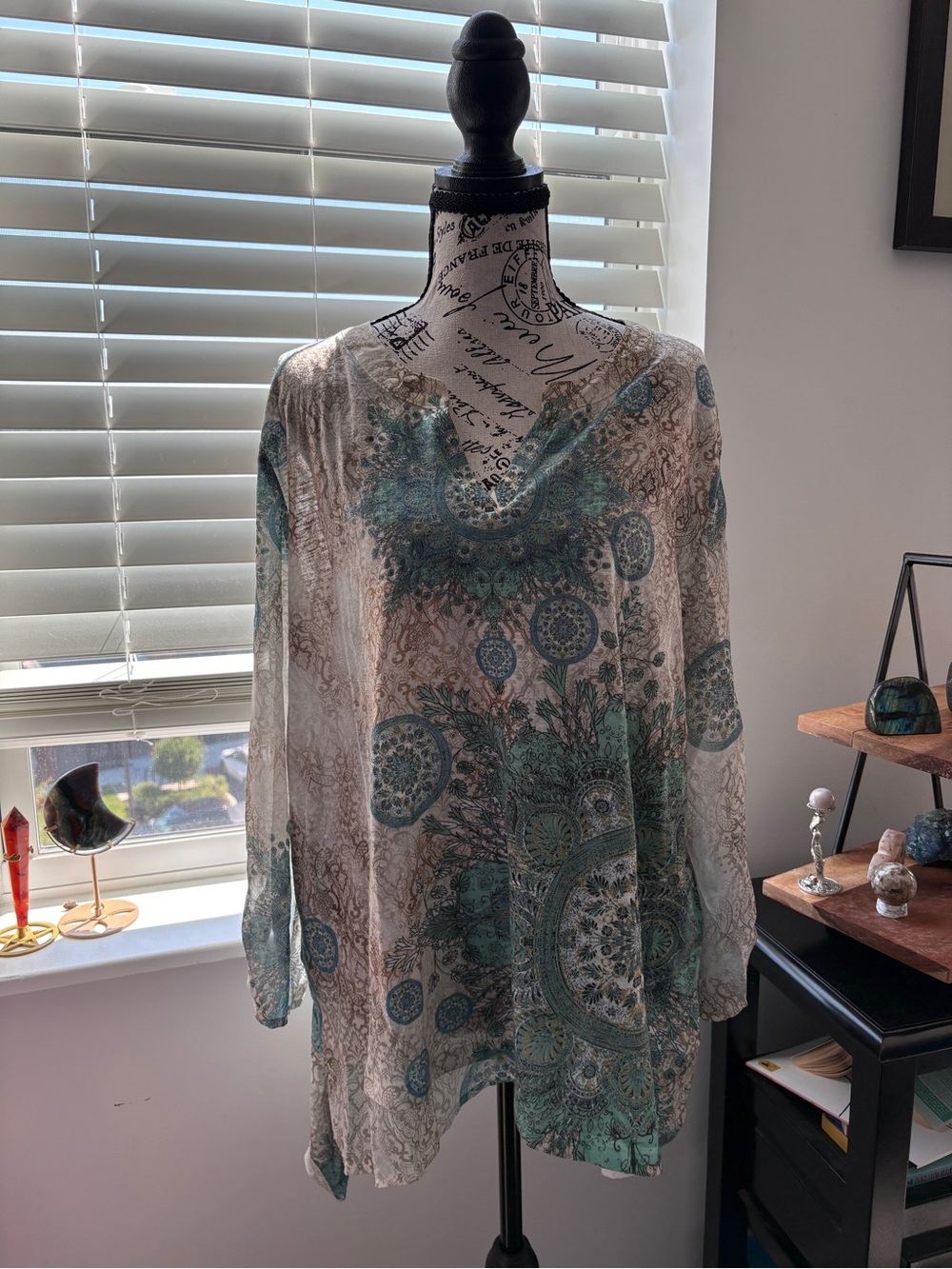 Chico's Teal and Cream Patterned Blouse